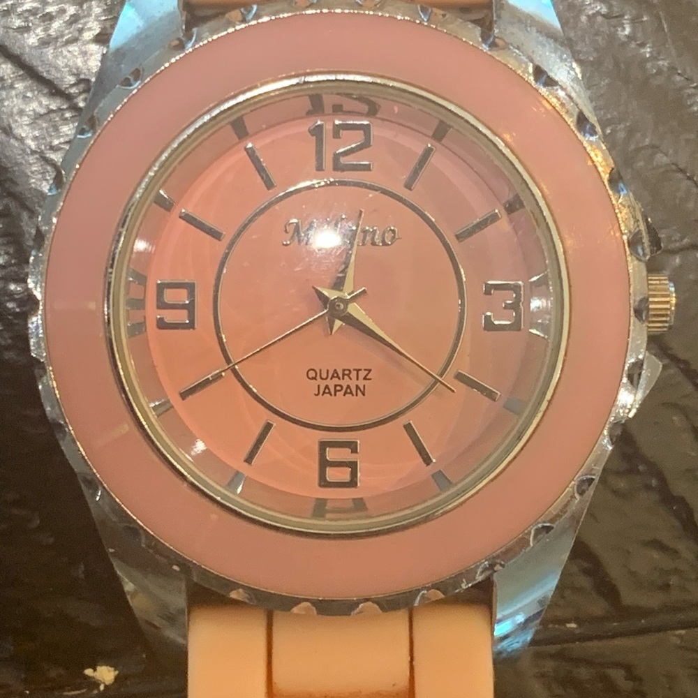 Women’s Pink Milano Watch, Neoprene Adjustable Band, Pink Face, Silver Case